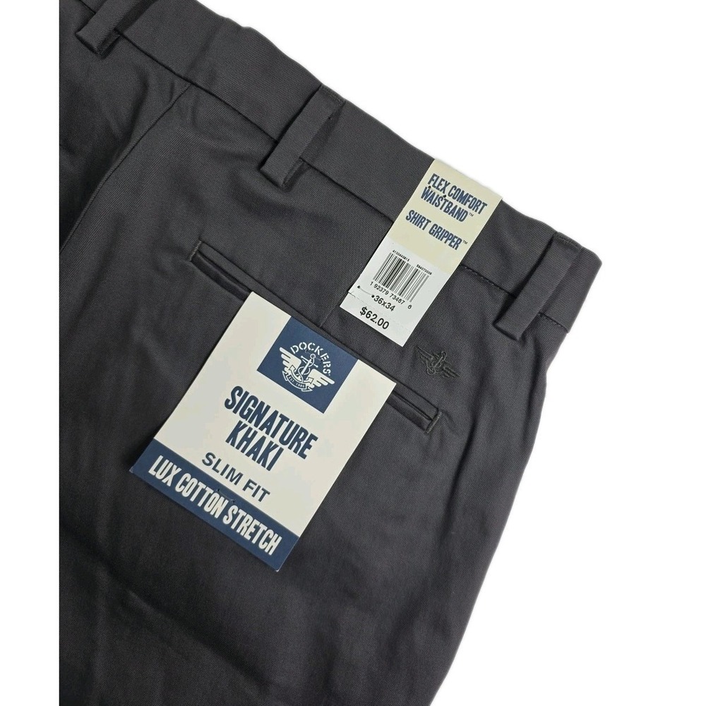 Dockers Signature Khaki Slim Fit Pants 36X34 Lux Cotton Stretch GRAY Khaki NWT
